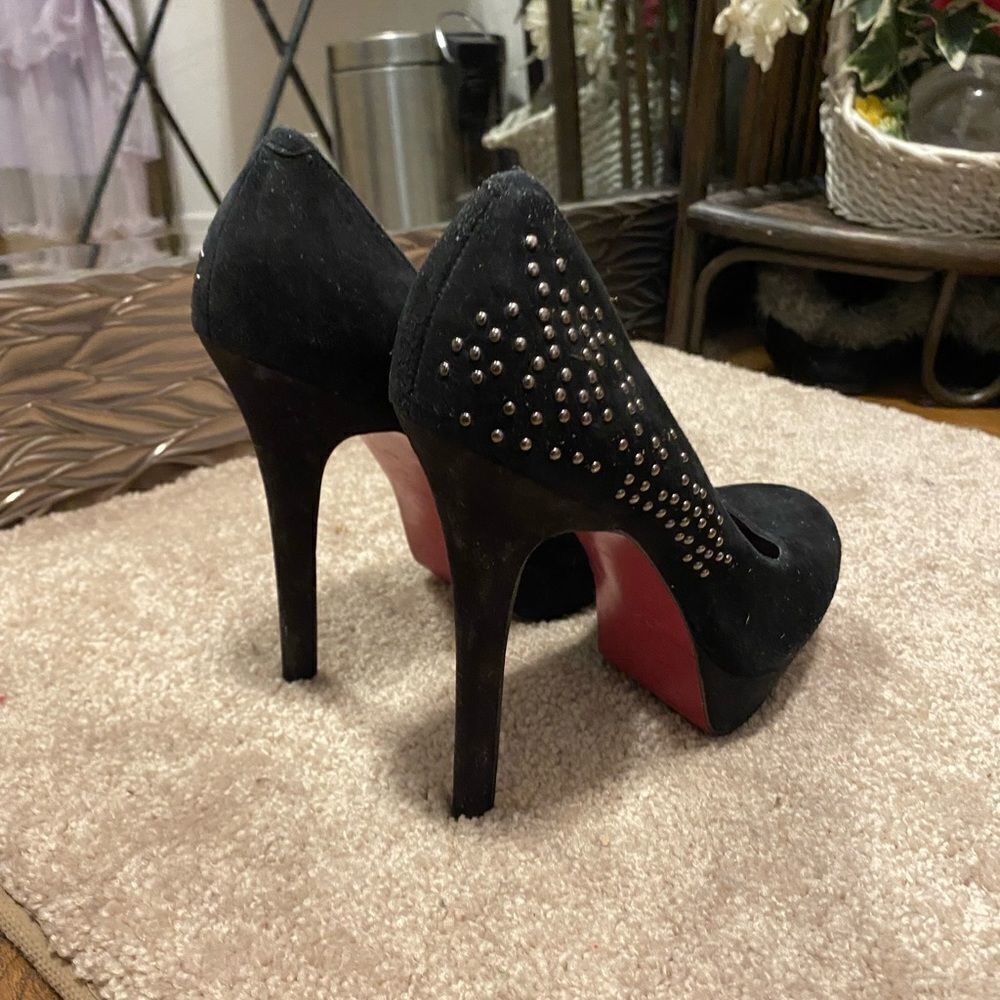 Paris Hilton Black Suede Studded High Heel Pumps with Red Sole